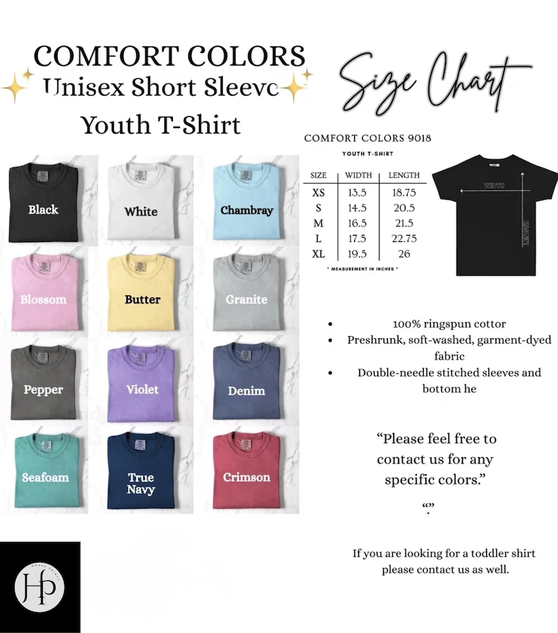 May include: Image of a Comfort Colors youth t-shirt color chart. The chart displays various shirt colors, including black, white, chambray, blossom, butter, granite, pepper, violet, denim, seafoam, true navy, and crimson. A size chart is also included.