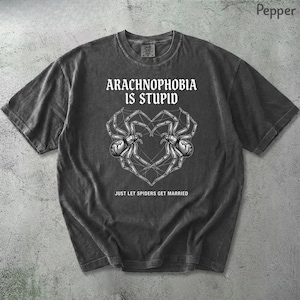 Puede incluir: Una camiseta gris carbón de manga corta con un gráfico blanco de dos arañas formando un corazón con sus telarañas. El texto "ARACHNOPHOBIA IS STUPID" aparece en la parte superior y "JUST LET SPIDERS GET MARRIED" en la inferior en blanco.