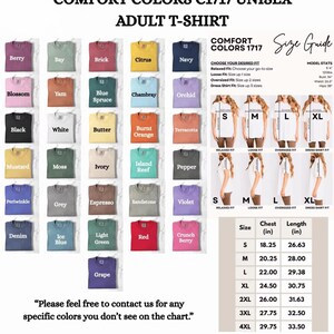 K&ouml;nnte beinhalten: Eine Comfort Colors C1717 T-Shirt-Farbkarte mit verschiedenen Farbt&ouml;nen wie Berry, Bay, Brick, Citrus, Navy, Blossom, Yam, Blue Spruce, Chambray, Orchid, Black, White, Butter, Burnt Orange, Terracotta, Mustard, Moss, Ivory, Island Reef, Pepper, Periwinkle, Grey, Espresso, Sandstone, Violet, Denim, Ice Blue, Light Green, Red, Crunch Berry und Grape sowie eine Gr&ouml;&szlig;entabelle mit Angaben in Zoll.
