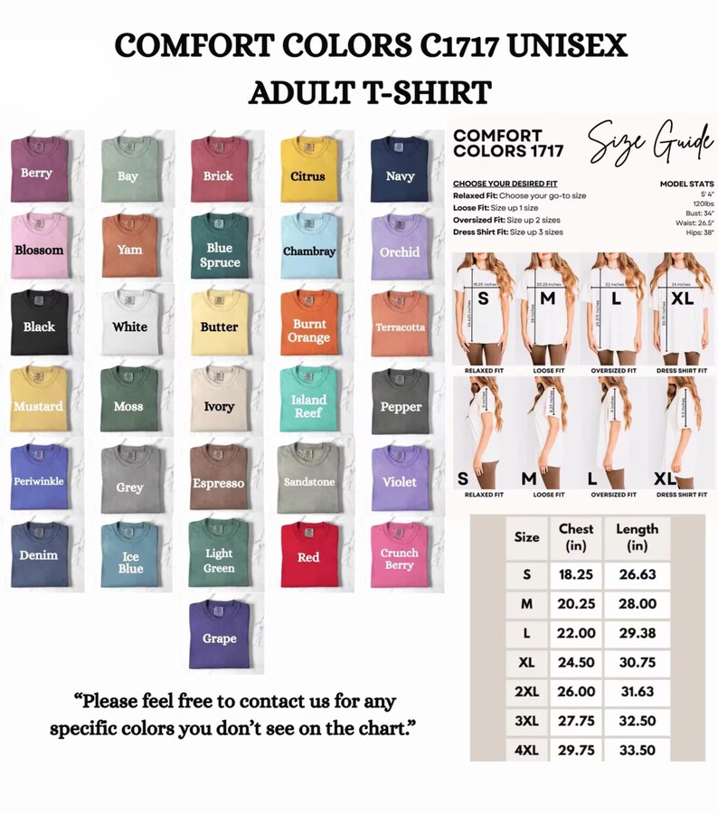 K&ouml;nnte beinhalten: Eine Comfort Colors C1717 T-Shirt-Farbkarte mit verschiedenen Farbt&ouml;nen wie Berry, Bay, Brick, Citrus, Navy, Blossom, Yam, Blue Spruce, Chambray, Orchid, Black, White, Butter, Burnt Orange, Terracotta, Mustard, Moss, Ivory, Island Reef, Pepper, Periwinkle, Grey, Espresso, Sandstone, Violet, Denim, Ice Blue, Light Green, Red, Crunch Berry und Grape sowie eine Gr&ouml;&szlig;entabelle mit Angaben in Zoll.