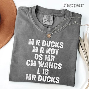 May include: A gray Comfort Colors t-shirt with the text "MR DUCKS MR NOT OS MR CM WANGS LIB MR DUCKS" in white. The shirt has a crew neck and short sleeves. A gold necklace with a pendant is draped over the shirt.