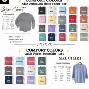 Puede incluir: Imagen de productos Comfort Colors: camisetas de manga larga y sudaderas unisex para adultos. La imagen incluye una tabla de tallas y una variedad de colores, como negro, blanco y rojo. Las camisetas tienen un ancho de 47 cm a 70,5 cm y una longitud de 67,6 cm a 82,6 cm.