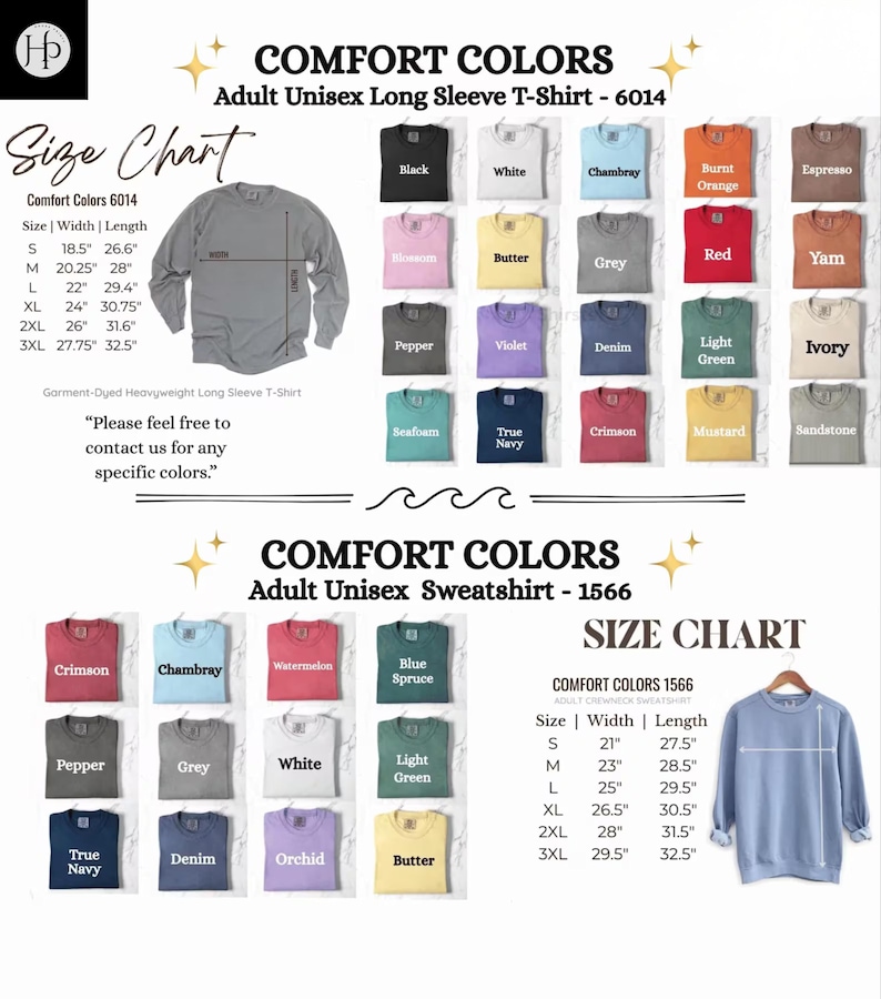 Puede incluir: Imagen de productos Comfort Colors: camisetas de manga larga y sudaderas unisex para adultos. La imagen incluye una tabla de tallas y una variedad de colores, como negro, blanco y rojo. Las camisetas tienen un ancho de 47 cm a 70,5 cm y una longitud de 67,6 cm a 82,6 cm.
