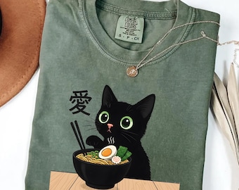 Ramen Cat Comfort Colors® Cute Kawaii Anime Shirt, Japanese Noodle Cat Tee Gift