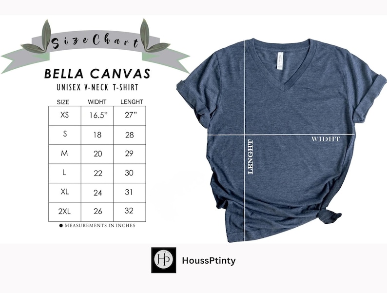 Puede incluir: Una camiseta unisex Bella Canvas azul marino con cuello en V y una tabla de tallas. La tabla muestra medidas en pulgadas, desde XS hasta 2XL. La camiseta est&aacute; plana, con medidas de largo y ancho indicadas.