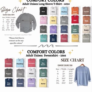 K&ouml;nnte beinhalten: Eine Gr&ouml;&szlig;entabelle f&uuml;r Comfort Colors 6014 Langarm-T-Shirts und 1566 Sweatshirts. Sie zeigt die Ma&szlig;e in Zoll f&uuml;r die Gr&ouml;&szlig;en S bis 3XL und enth&auml;lt Farbmuster mit Bezeichnungen wie Black, White, Crimson und Denim.
