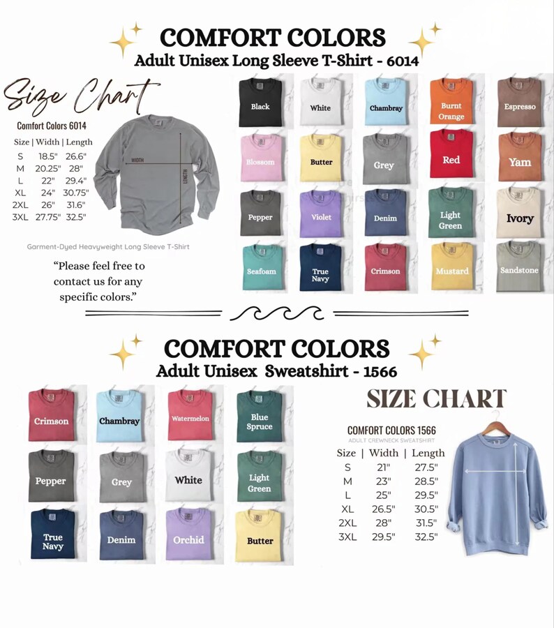 K&ouml;nnte beinhalten: Eine Gr&ouml;&szlig;entabelle f&uuml;r Comfort Colors 6014 Langarm-T-Shirts und 1566 Sweatshirts. Sie zeigt die Ma&szlig;e in Zoll f&uuml;r die Gr&ouml;&szlig;en S bis 3XL und enth&auml;lt Farbmuster mit Bezeichnungen wie Black, White, Crimson und Denim.