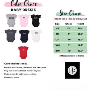 Puede incluir: Tabla de colores para bodies de beb&eacute; en varios colores, incluyendo gris atl&eacute;tico, rosa, negro, gris oscuro jaspeado, azul marino, blanco y rojo. Tabla de tallas para bodies de punto fino para beb&eacute;s con medidas de pecho y altura en pulgadas. Instrucciones de cuidado.