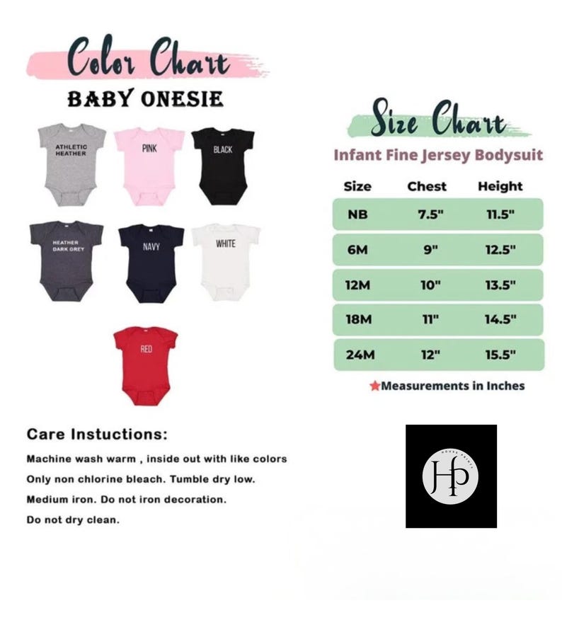 Puede incluir: Tabla de colores para bodies de beb&eacute; en varios colores, incluyendo gris atl&eacute;tico, rosa, negro, gris oscuro jaspeado, azul marino, blanco y rojo. Tabla de tallas para bodies de punto fino para beb&eacute;s con medidas de pecho y altura en pulgadas. Instrucciones de cuidado.
