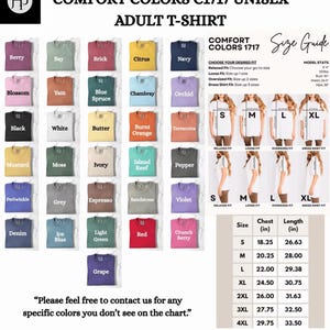 Puede incluir: Una carta de colores para camisetas unisex para adultos Comfort Colors C1717, con colores como Berry, Navy y Red. Incluye una gu&iacute;a de tallas con medidas de pecho y largo en pulgadas para las tallas S a 4XL. La tabla tambi&eacute;n incluye una gu&iacute;a de tallas con estad&iacute;sticas del modelo.