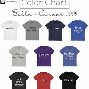 Puede incluir: Carta de colores de camisetas con cuello en V Bella + Canvas 3005 en varios colores, incluyendo blanco, gris oscuro, azul marino, azul real, gris atl&eacute;tico, morado, heather true royal, gris oscuro, rojo y negro.