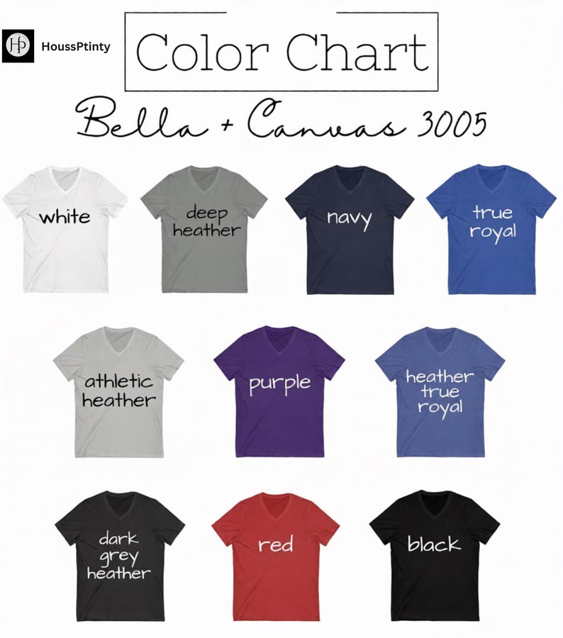 Puede incluir: Carta de colores de camisetas con cuello en V Bella + Canvas 3005 en varios colores, incluyendo blanco, gris oscuro, azul marino, azul real, gris atl&eacute;tico, morado, heather true royal, gris oscuro, rojo y negro.