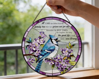 Stained Glass Blue Jay Lilac Suncatcher – Memorial Window Hanging, Custom Bird Art