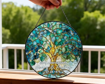 Personalized Anniversary Tree Suncatcher, 50th Wedding Gift, Custom Couple Window Hanging