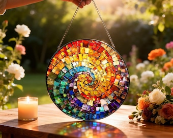 Handmade Rainbow Stained Glass Suncatcher – Spiral Mosaic Art
