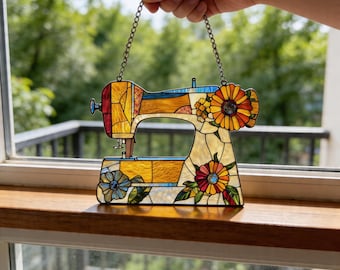 Vintage Sewing Machine Suncatcher, Acrylic floral Window Hanging