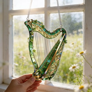 Irischer Harfe Suncatcher, keltisches Glasmalerei-Fensterbehang, irisches Dekorgeschenk