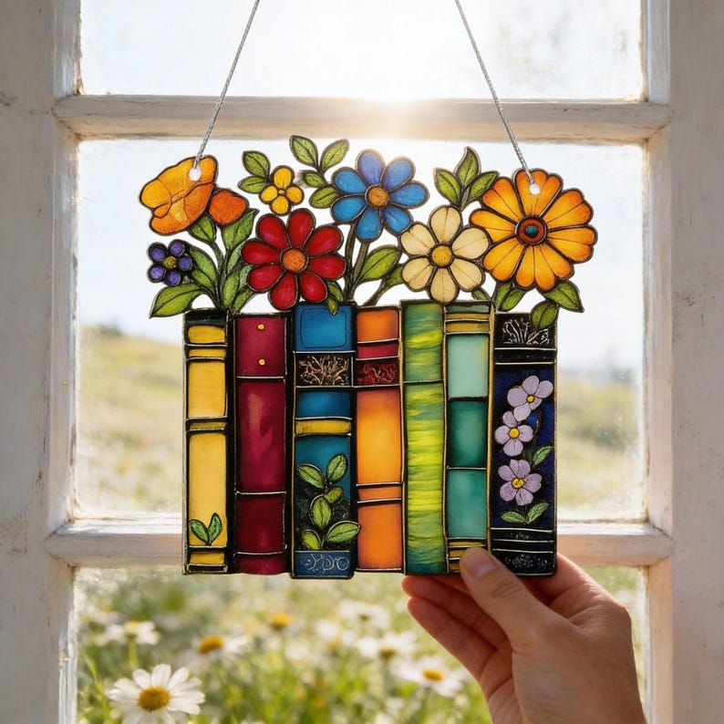 May include: A colorful stained glass window hanging featuring a row of books with vibrant flowers blooming above. The flowers include orange, red, blue, and yellow blooms. The books are various colors, including yellow, red, and blue.