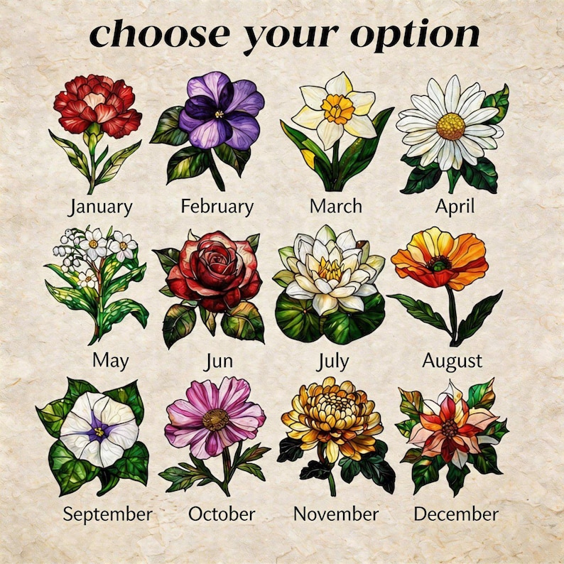 May include: A decorative illustration featuring twelve different flowers, each representing a month of the year. The image includes the text "choose your option" at the top, with each flower labeled with its corresponding month.