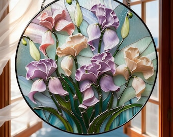 Sweet Pea Flower Suncatcher, Floral Window Hanging, Glass Style Decor, Garden Gift