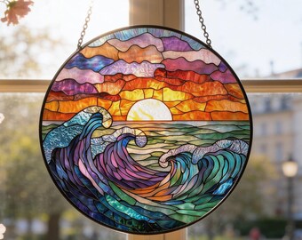 Ocean Sunset Wave Stained Glass Suncatcher Window Decor