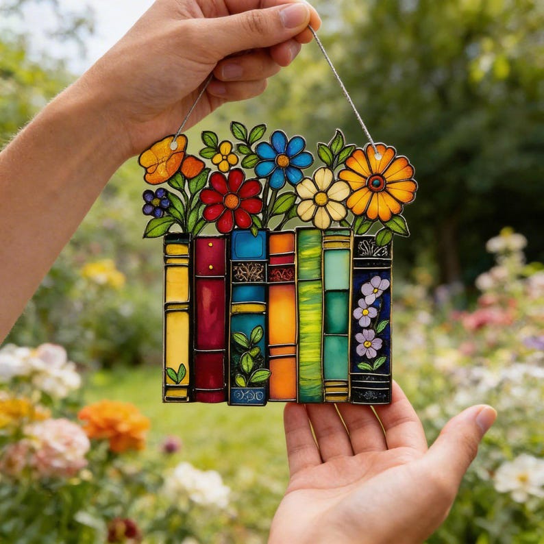 May include: A colorful stained-glass panel featuring a bookshelf design with vibrant flowers. The panel showcases a variety of books in shades of yellow, red, blue, and green, topped with orange, yellow, red, and blue flowers. A decorative piece for home decor.