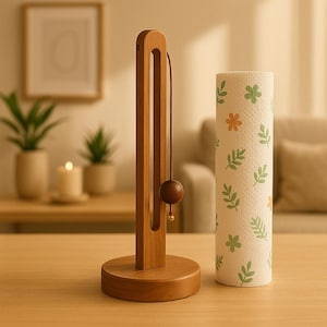 May include: A wooden paper towel holder with a round base and a vertical frame. A decorative wooden ball hangs from the top. Beside it is a roll of paper towels with a floral and leaf pattern in green and orange.