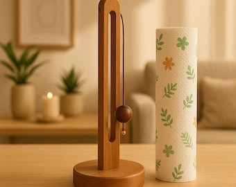 Solid Wood Paper Towel Holder Upright Countertop Stand Minimalist Kitchen Roll Organizer
