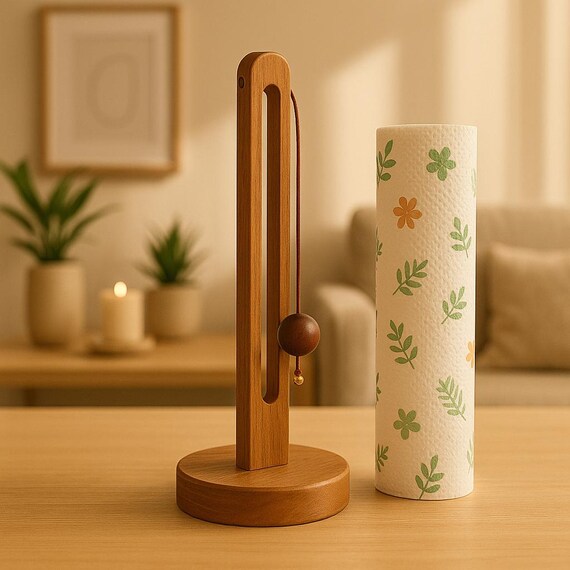 Solid Wood Paper Towel Holder Upright Countertop Stand Minimalist Kitchen Roll Organizer