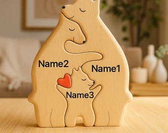 Personalized Wooden Bear Hug Sculpture Custom Engraved Couple Gift, Parent & Child Keepsake, Handmade Anniversary Gift, Family Bear Decor