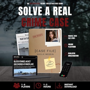 May include: An interactive crime investigation game with the text "SOLVE A REAL CRIME CASE." The image includes a case file, a laptop displaying news, a smartphone, and icons for digital case file, online platform, and realistic investigation.