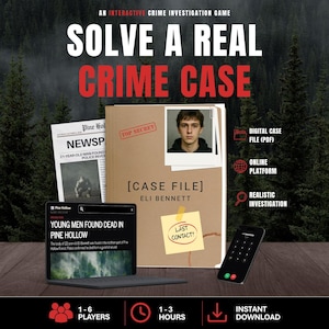 Puede incluir: Un juego interactivo de investigación criminal con el texto "SOLVE A REAL CRIME CASE". El juego incluye un expediente, un periódico, un portátil y un teléfono. El expediente presenta una foto de Eli Bennett. El juego es para 1-6 jugadores y dura 1-3 horas.