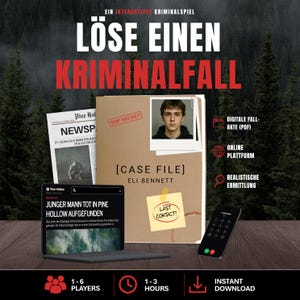 Könnte beinhalten: Ein interaktives Krimispiel mit dem Text "Löse einen Kriminalfall". Das Bild enthält eine Fallakte, eine Zeitung, einen Laptop und ein Smartphone. Das Spiel ist für 1-6 Spieler und dauert 1-3 Stunden.