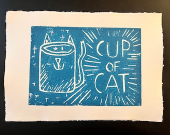 Cup of Cat Theme Linoprint on Hand Made Paper