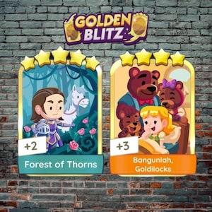 Könnte beinhalten: Zwei illustrierte Spielkarten vor einer Backsteinmauer. Eine Karte zeigt einen Ritter und ein weißes Pferd in einem Wald, beschriftet mit "Forest of Thorns". Die andere Karte zeigt Goldlöckchen und Bären, beschriftet mit "Bangunlah, Goldilocks."