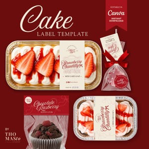 May include: A digital cake label template set featuring designs for strawberry chantilly mini cake loaves and chocolate raspberry muffins. The layout includes cream-colored labels with red text, a thank you tag with a red ribbon, and a dark red background.