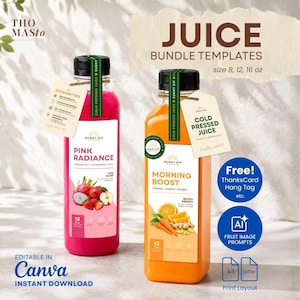 Pode incluir: Duas garrafas de plástico transparente cheias de sumo, uma rosa com o rótulo Pink Radiance e uma laranja com o rótulo Morning Boost. Os rótulos apresentam ilustrações de fruta, texto e etiquetas. A imagem inclui texto para Juice Bundle Templates, tamanho 8, 12, 16 oz, e download instantâneo Canva.