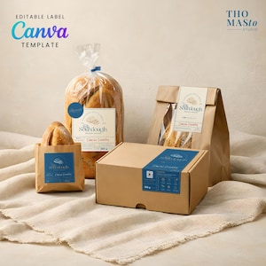 Plantilla de Canva para etiquetas de panadería de masa madre / Pegatinas para envases de pan artesanal, sellos para cajas y bolsas