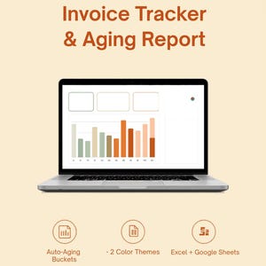 May include: A silver laptop displays a financial dashboard with bar graphs in shades of green, orange, and beige. The screen shows the text "Invoice Tracker & Aging Report." Below the laptop are icons and text for auto-aging buckets, two color themes, and Excel + Google Sheets.