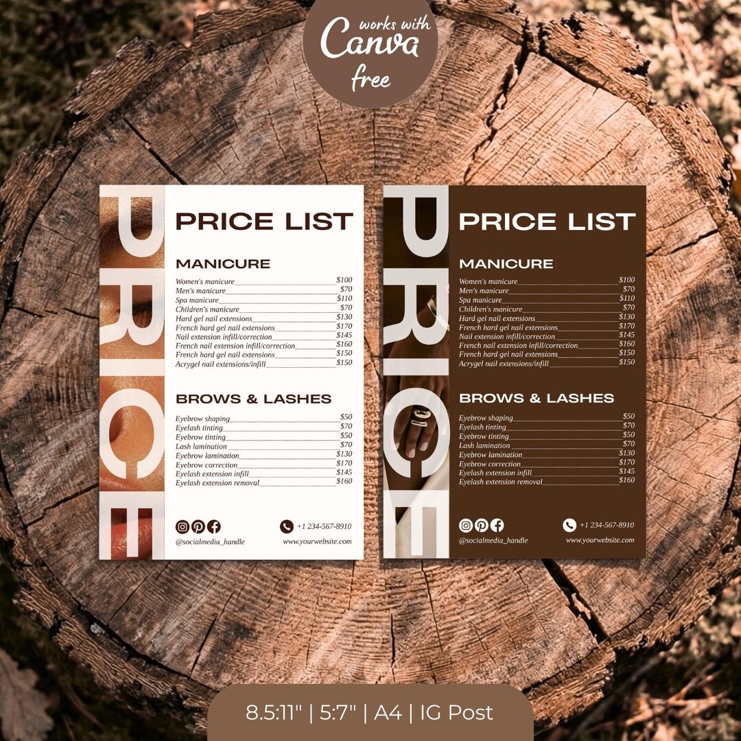 Aesthetic Brown Printable Price List Template Canva, Nail Tech Price ...