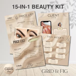 May include: A beauty kit advertisement with the text "15-IN-1 BEAUTY KIT" at the top. The image features price lists for nail care, lash services, and pedicures, along with a client testimonial and a weekly schedule. The design includes a logo and the words "works with Canva free."