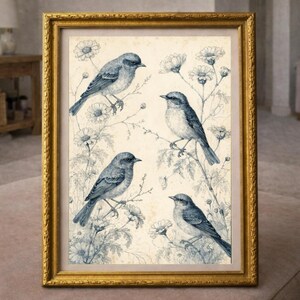 May include: A framed print featuring four blue birds perched on flowering branches. The artwork has a vintage aesthetic with a gold-colored frame. The birds and floral elements are in shades of blue against a cream background.