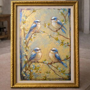 Peut inclure: Peinture encadrée représentant quatre oiseaux bleus perchés sur des branches fleuries. L'œuvre d'art a un style impressionniste texturé avec un cadre doré. Le fond est un mélange de teintes jaunes et bleues, créant une scène sereine et naturaliste.