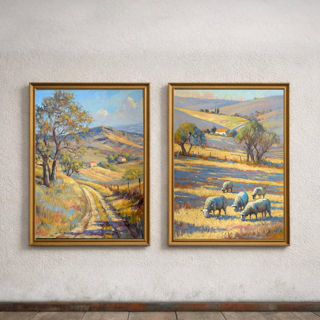 Set of Two Summer Landscape Prints, Sheeps Spring Printable Wall Art ...