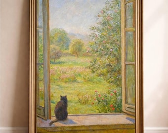 Monet Pastel Wildflower Oil Painting Print, French Country Garden Wall Art, Black Cat Art ( Digital Download )