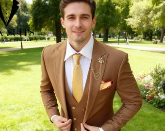 メンズブラウンスリーピーススーツ：スリムフィットウェディング新郎