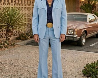 Vintage 70s Sky Blue Flared Suit | Wide Lapel Blazer, Two-Piece- Valentine Gift.