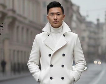 Gabardina cruzada de lana blanca con botones negros para hombre: ropa formal de invierno refinada