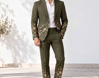 Men Olive Green Wildflower Embroidered Suit for Men – Custom Wedding Suit, Floral Blazer and Matching Pants