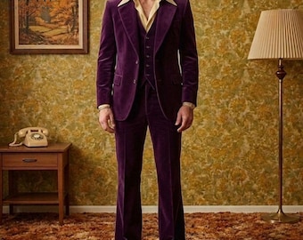 Men 1970s Style Purple Velvet Vintage Wide Flared Pant Dinner Suits